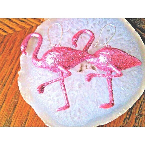 New Summer Retro 80s Style Bright Pink Flamingo Glitter Dangle Earrings - 2.75” - Picture 1 of 5